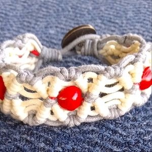 Handmade Beaded Bracelet Cream, Red, Grey (OSU colors) 6 inches, adjustable.